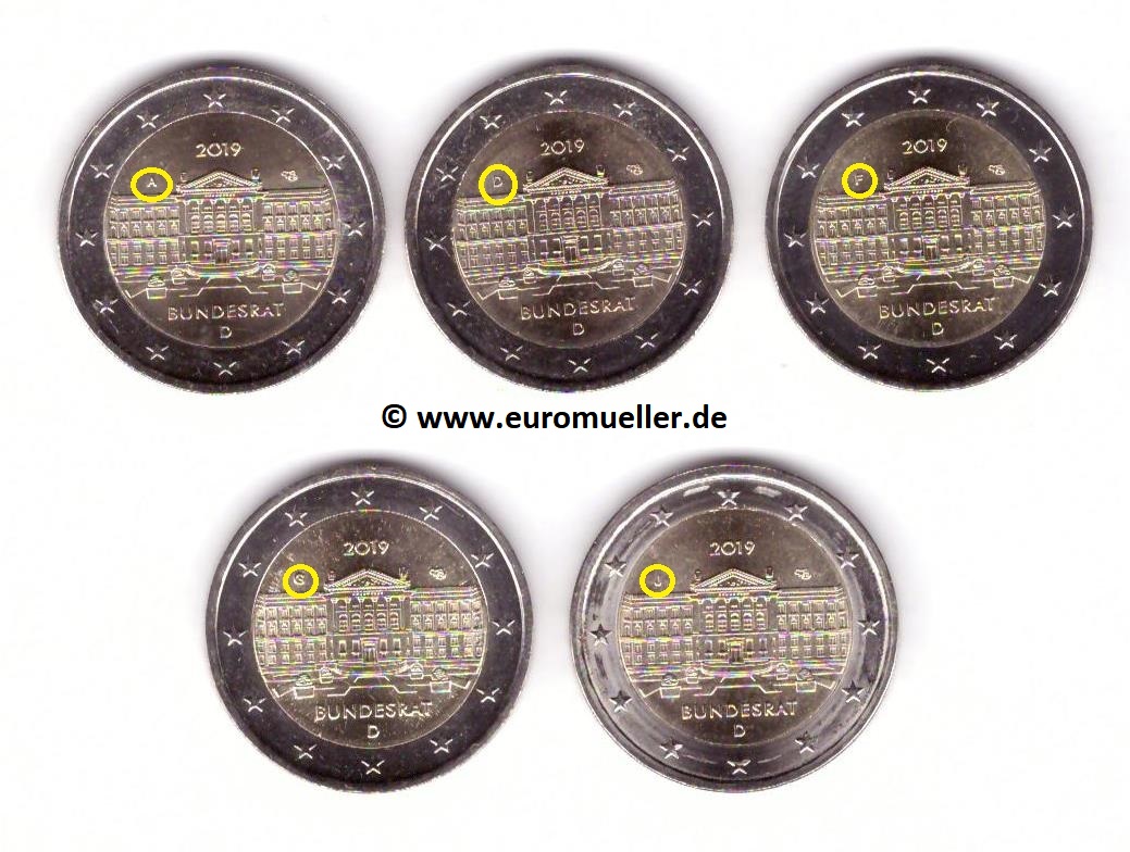 Deutschland 5x 2 Euro Gedenkmünze 2019...Bundesrat...unc.   