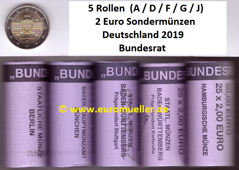 Deutschland 5 Rollen 2 Euro Gedenkmünze 2019...Bundesrat...unc.   