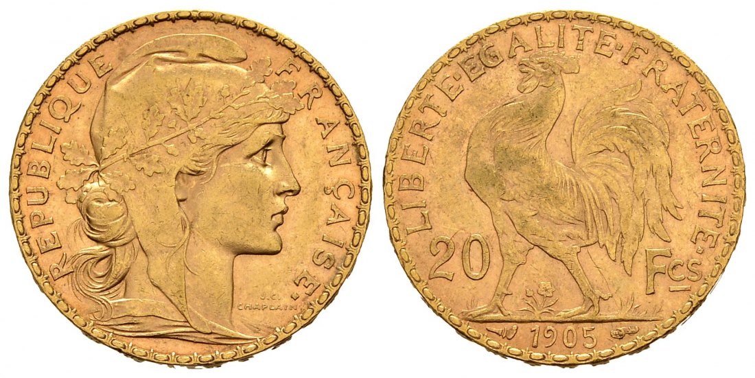 PEUS 1533 Frankreich 5,81 g Feingold. Marianne / Galischer Hahn 20 Francs GOLD 1905 Sehr schön