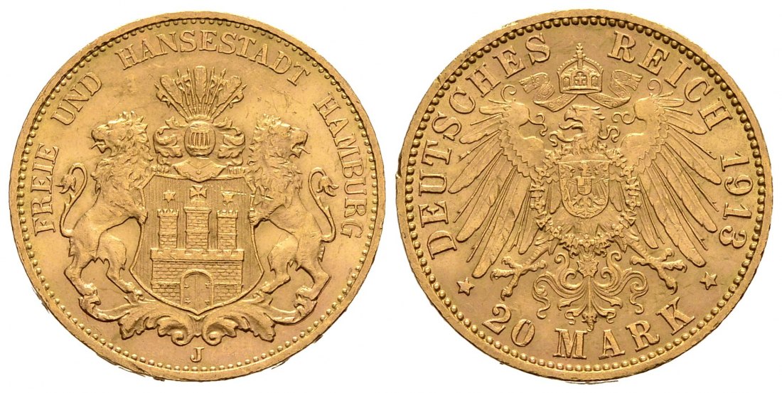 PEUS 1534 Hamburg - Kaiserreich 7,17 g Feingold. Stadtwappen 20 Mark GOLD 1913 J Kl. Randfehler, Vorzüglich +