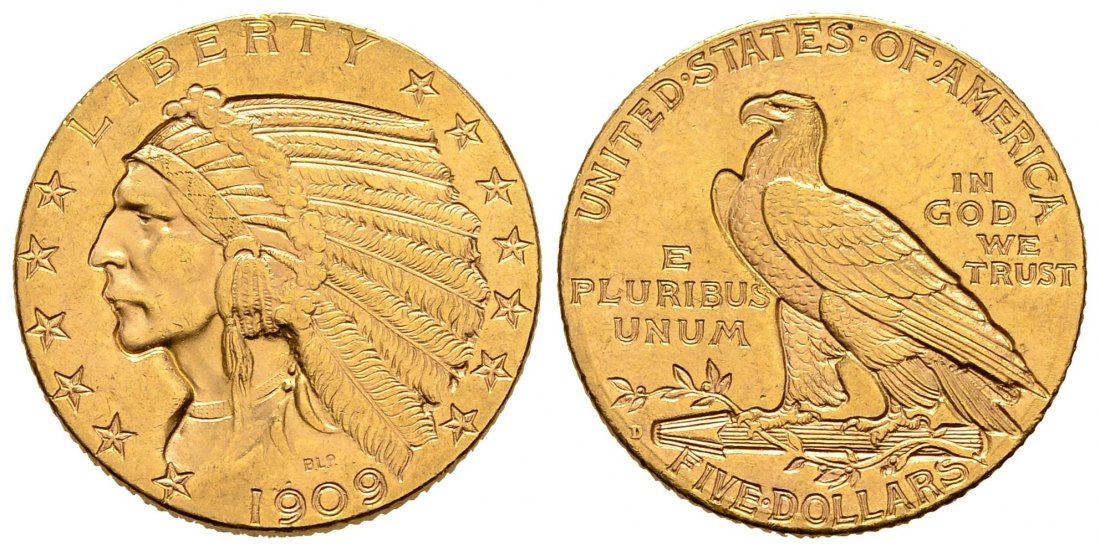 PEUS 1535 USA 7,52 g Feingold. Indian Head 5 Dollars GOLD 1909 Sehr schön +