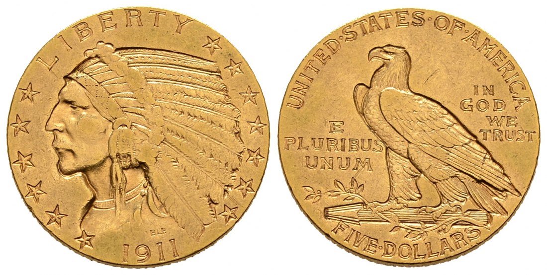 PEUS 1536 USA 7,52 g Feingold. Indian Head 5 Dollars GOLD 1911 Sehr schön