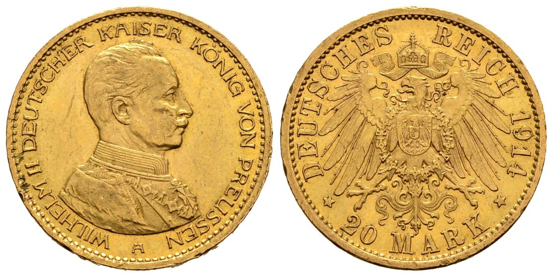 PEUS 1542 Kaiserreich - Preußen 7,17 g Feingold. Kaiser in Kürassieruniform 20 Mark GOLD 1914 A Kratzer, Sehr schön