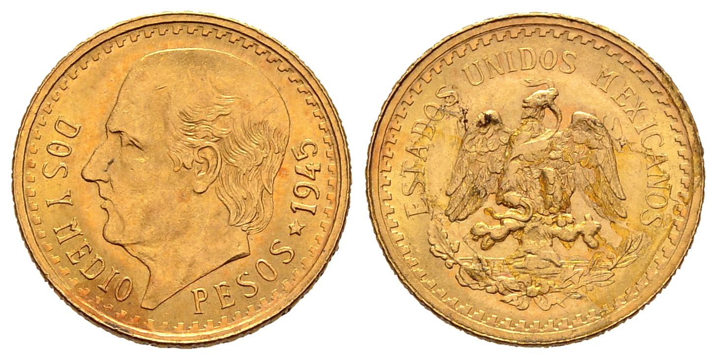 PEUS 1543 Mexiko 1,88 g Feingold. Miguel Hidalgo y Costilla 2 1/2 Pesos GOLD 1945 Leicht fleckig, vorzüglich