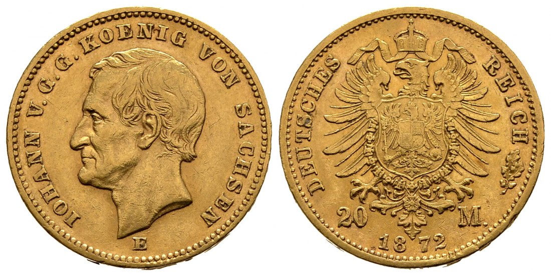 PEUS 1560 Sachsen - Kaiserreich 7,16 g Feingold. Johann (1854 - 1873). Große Buchstaben 20 Mark GOLD 1872 E Sehr schön