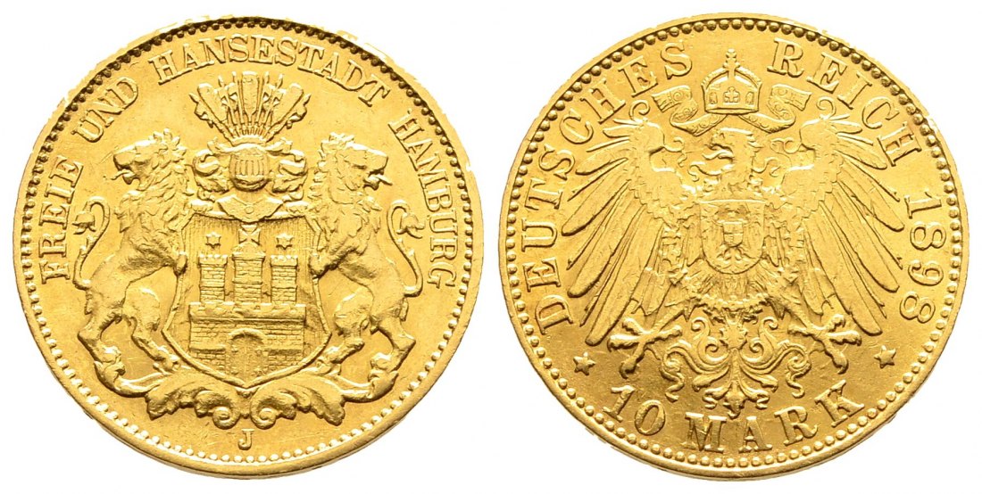PEUS 1564 Kaiserreich - Hamburg 3,58 g Feingold. Stadtwappen 10 Mark GOLD 1898 J Vorzüglich
