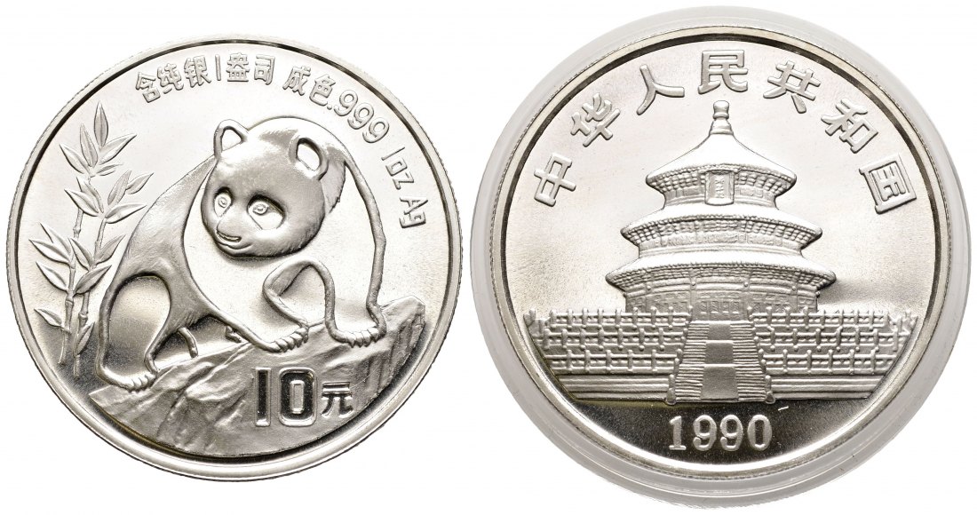 PEUS 1568 China Volksrepublik 31,1 g Feinsilber. Panda Bär auf Fels 10 Yuan SILBER 1990 Proof (in Kapsel)