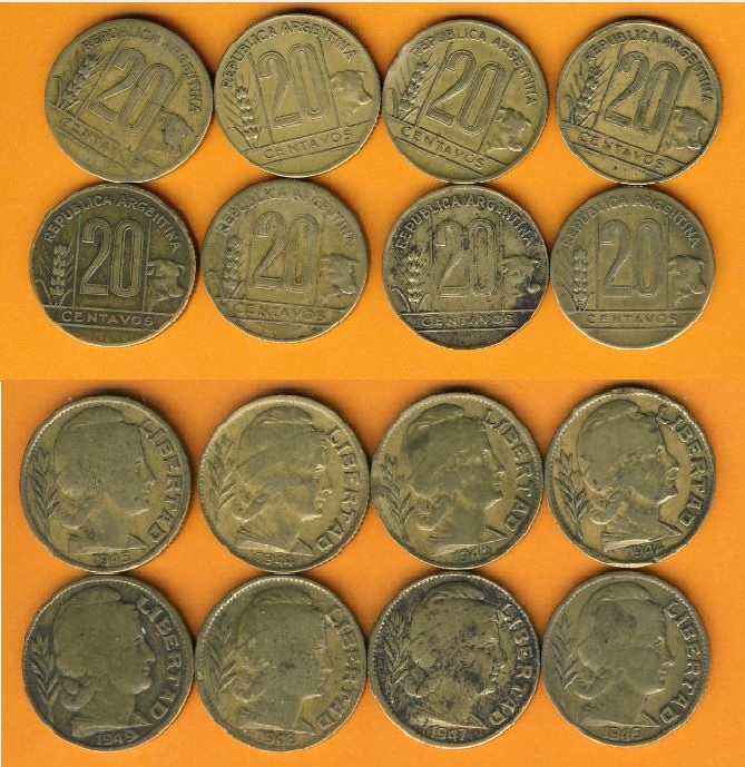  Argentinien Lot 8x 20 Centavos 1942,1943,1944,1945,1946,1947,1948,1949.   
