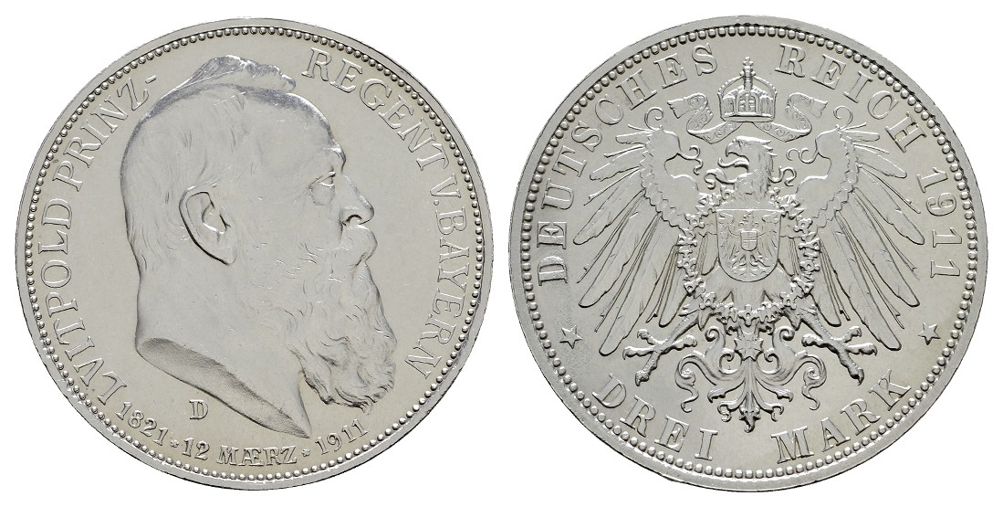  Linnartz KAISERREICH Bayern Leopold 3 Mark 1911 D 90. Geburtstag vz   