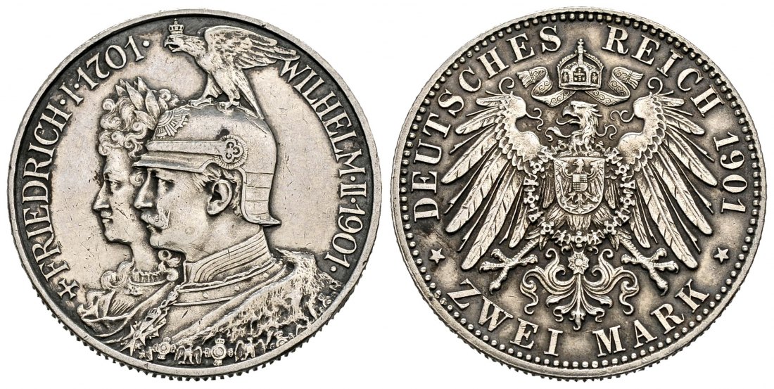 PEUS 1573 Kaiserreich - Preußen 200jähriges Jubiläum. Friedrich I. + Wilhelm II. 2 Mark 1901 A Patina, Sehr schön