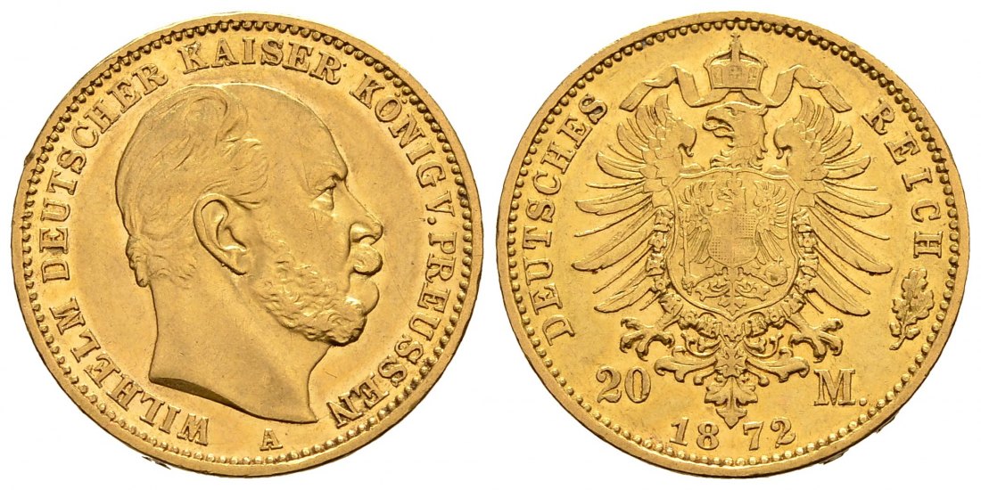 PEUS 1579 Kaiserreich - Preußen 7,16 g Feingold. Wilhelm I. (1861 - 1888) 20 Mark GOLD 1872 A Berlin Sehr schön +