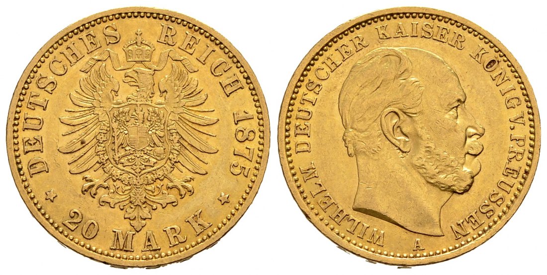 PEUS 1580 Kaiserreich - Preußen 7,17 g Feingold. Wilhelm I. (1861 - 1888) 20 Mark GOLD 1875 A Berlin Sehr schön / Fast vorzüglich