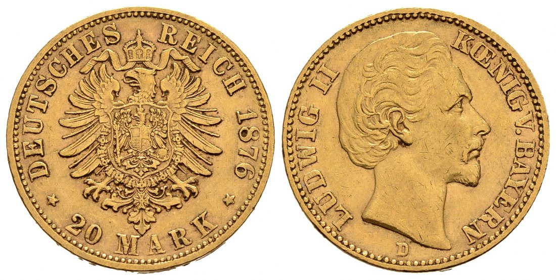 PEUS 1581 Kaiserreich - Bayern 7,16 g Feingold. Ludwig II. (1864 - 1886) 20 Mark GOLD 1876 D München Sehr schön