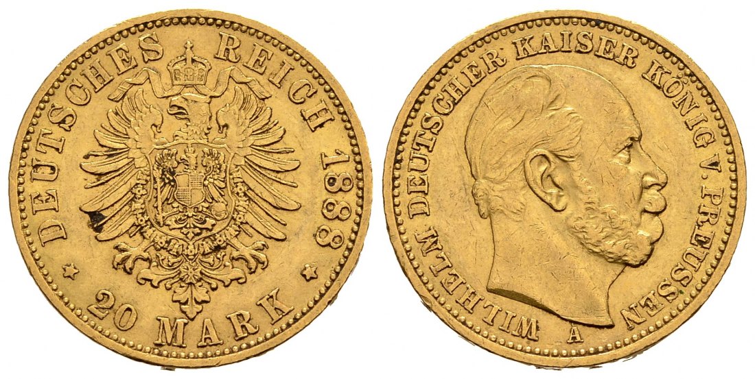 PEUS 1584 Kaiserreich - Preußen 7,16 g Feingold. Wilhelm I. (1861 - 1888) 20 Mark GOLD 1888 A Sehr schön