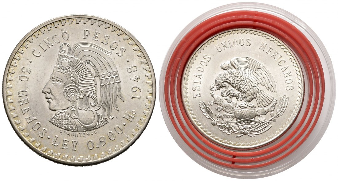PEUS 1461 Mexiko 27 g Feinsilber. Kopf mit Kofschmuck 5 Pesos SILBER 1948 Stempelglanz (in Kapsel)