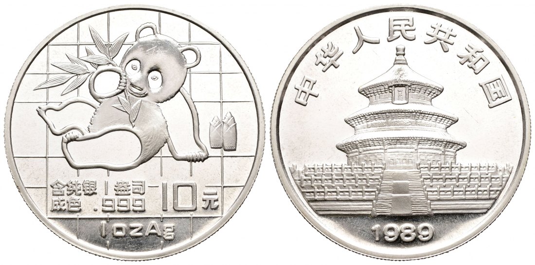 PEUS 1512 China 31,1 g Feinsilber. Sitzender Panda Gitterdesign 10 Yuan SILBER 1989 Kl. Kratzer, fast Stempelglanz