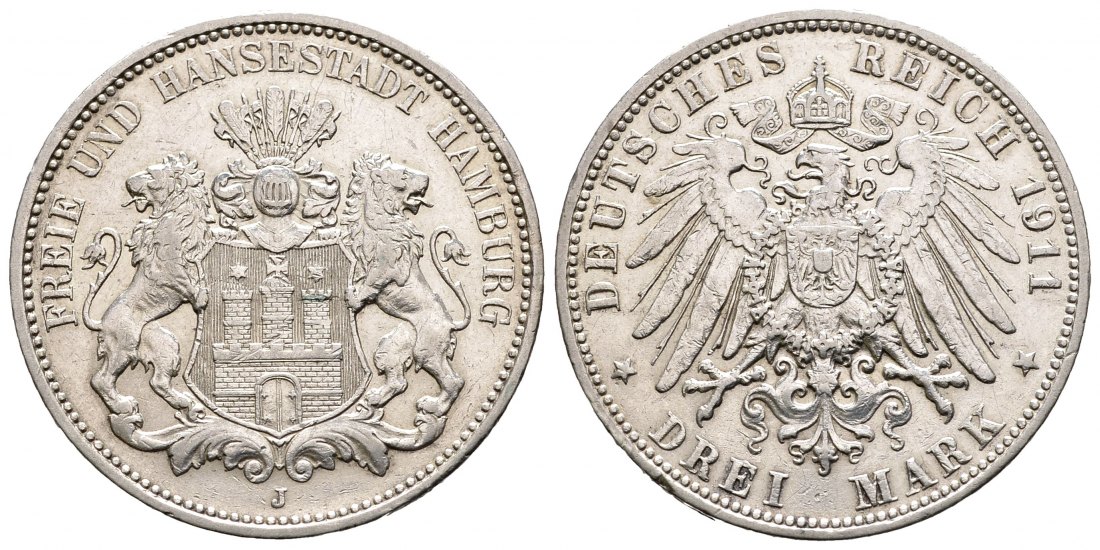 PEUS 1516 Kaiserreich - Hamburg  3 Mark 1911 J Kl. Randfehler, Sehr schön