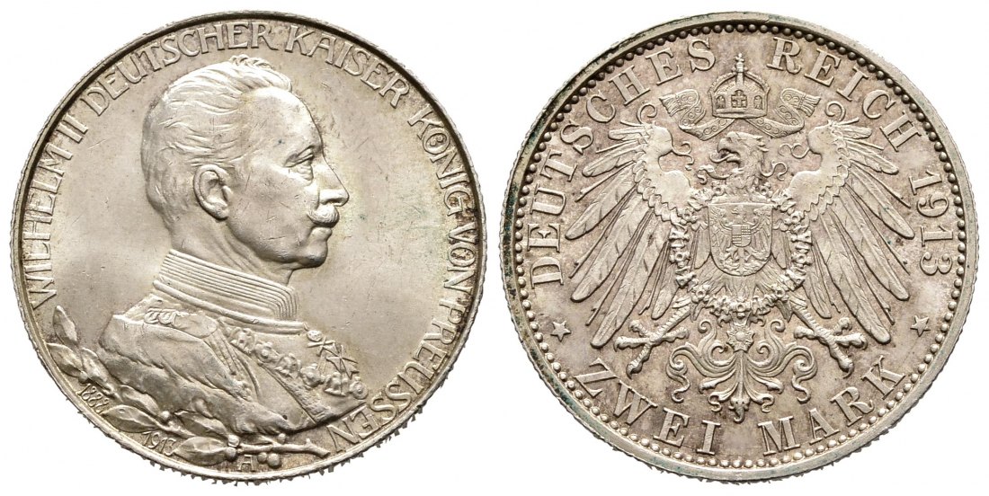 PEUS 1518 Preußen - Kaiserreich 25jähriges Regierungsjubiläum Wilhelm II. in Uniform 2 Mark 1913 A Kl. Kratzer, Vorzüglich