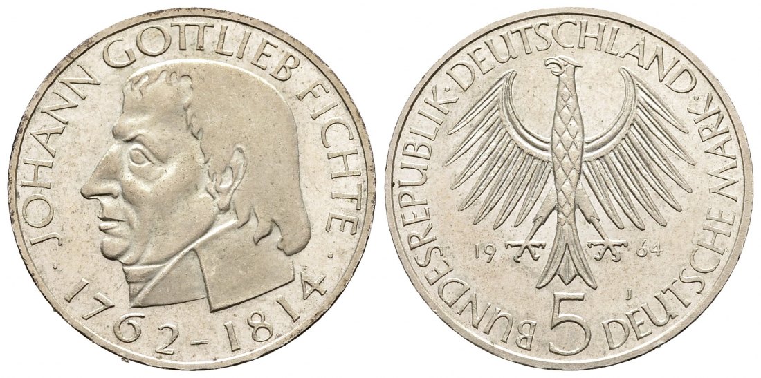 PEUS 1521 BRD Johann Gottlieb Fichte (1762 - 1814) 5 Mark 1964 J Kl. Kratzer, fast Stempelglanz