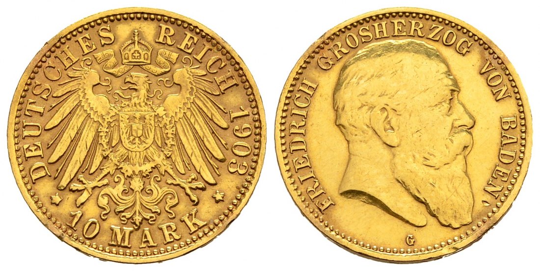 PEUS 1587 Kaiserreich - Baden 3,58 g Feingold. Friedrich I. (1856 - 1907) 10 Mark GOLD 1903 G Broschierspuren, Sehr schön