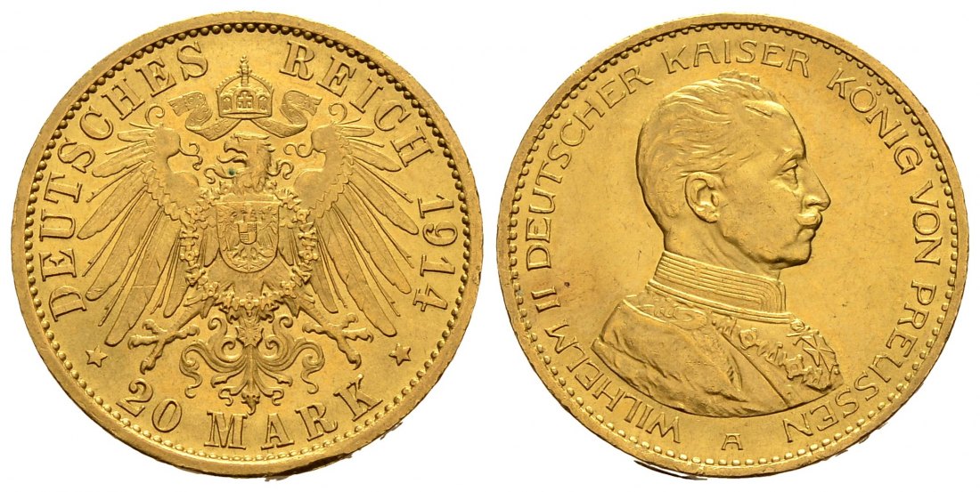 PEUS 1588 Kaiserreich - Preußen 7,17 g Feingold. Kaiser in Kürassieruniform 20 Mark GOLD 1914 A Kratzer, Vorzüglich
