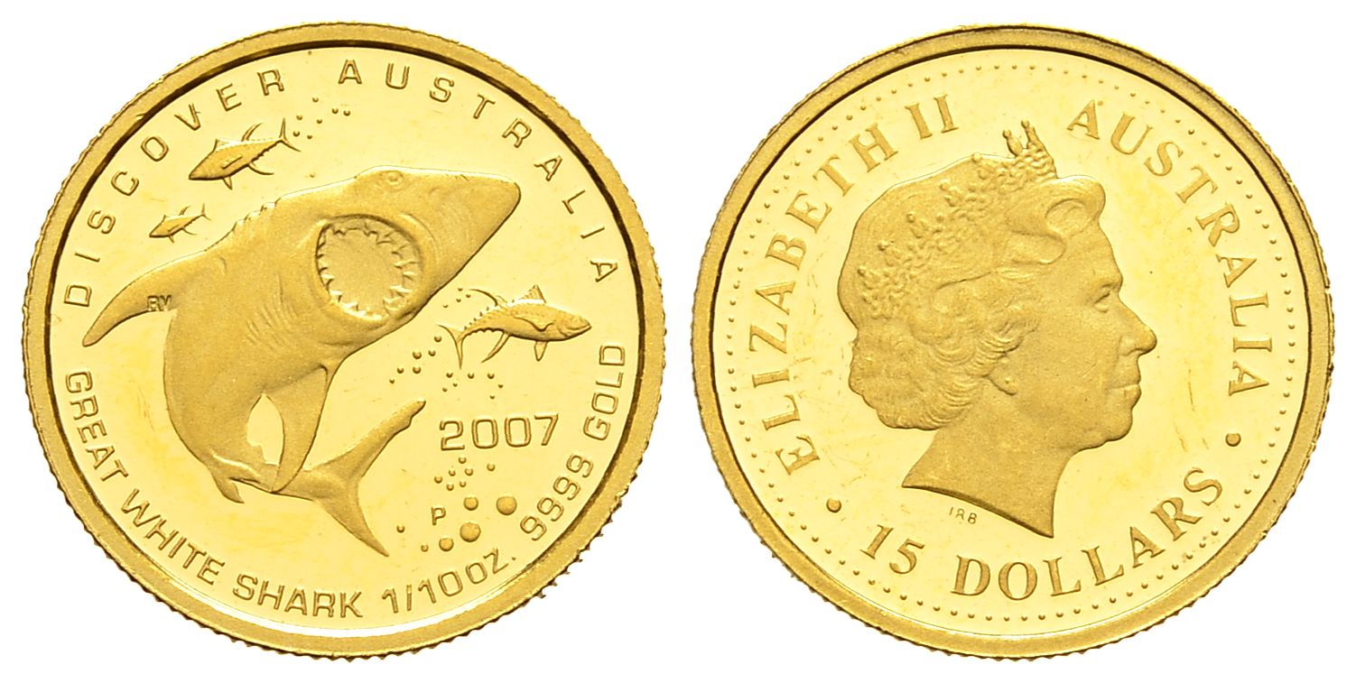 PEUS 1593 Australien 3,11 g Feingold. Weiße Hai 15 Dollars GOLD 1/10 Unze 2007 Uncirculated