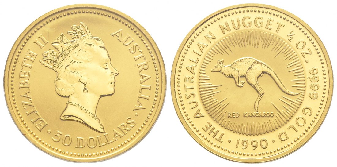 PEUS 1594 Australien 15,55 g Feingold. Rotes Känguru 50 Dollars GOLD 1/2 Unze 1990 Uncirculated (Originalkapsel)