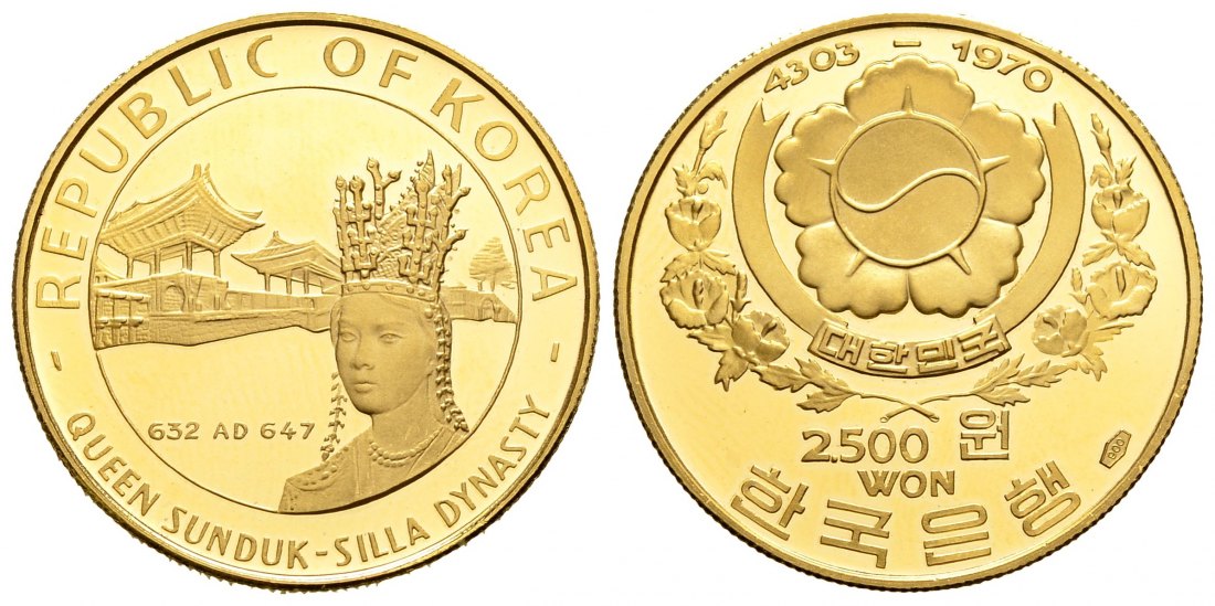 PEUS 1597 Südkorea 8,71 g Feingold. König Sunduk - Silla Dynastie 2500 Won GOLD 1970 Proof