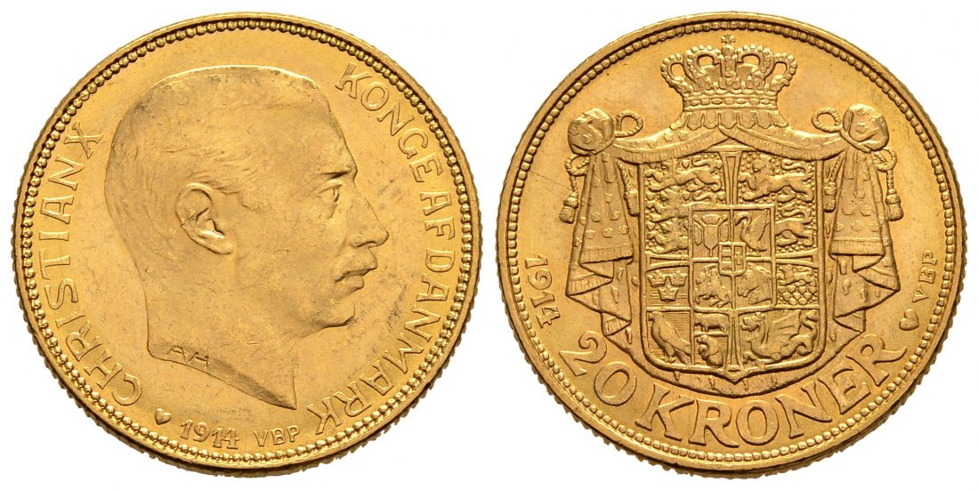 PEUS 1599 Dänemark 8,06 g Feingold. Christian X. (1912 - 1947) 20 Kronen GOLD 1914 VBP Vorzüglich +