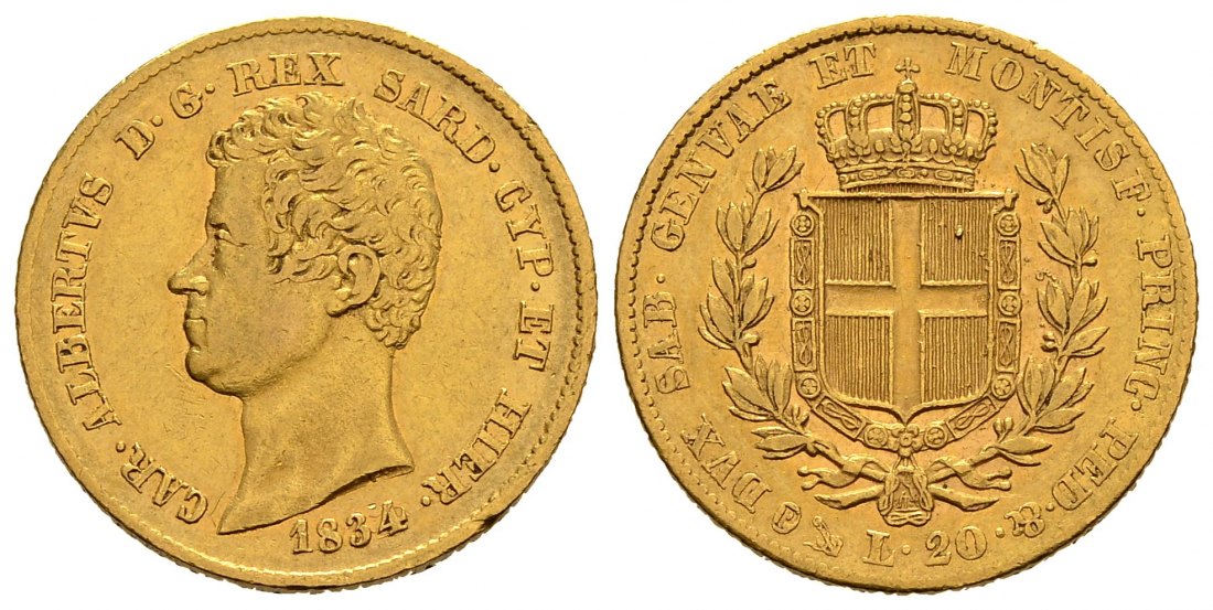 PEUS 1604 Italien-Sardinien Königreich 5,81 g Feingold. Karl Albert (1831-1849) incl. Beschreibung 20 Lire GOLD 1834 P Turin Sehr schön