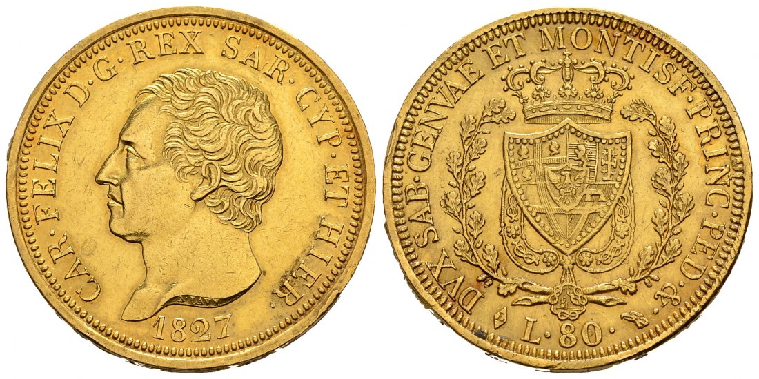 PEUS 1605 Italien Königreich 23,23 g Feingold. Karl Felix (1821 - 1831)) incl. Beschreibung 80 Lire GOLD 1827 L Sehr schön
