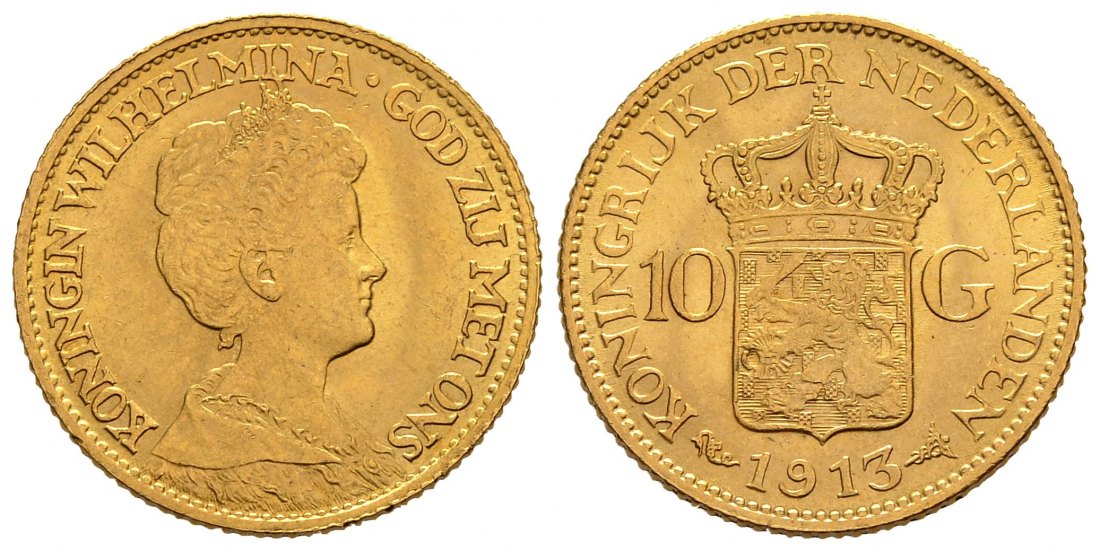 PEUS 1608 Niederlande 6,06 g Feingold. Wilhelmina (1890 - 1948) 10 Gulden GOLD 1913 Vorzüglich