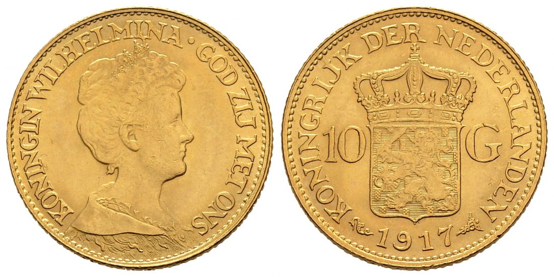 PEUS 1610 Niederlande 6,06 g Feingold. Wilhelmina (1890 - 1948) 10 Gulden GOLD 1917 Kl. Kratzer, Vorzüglich