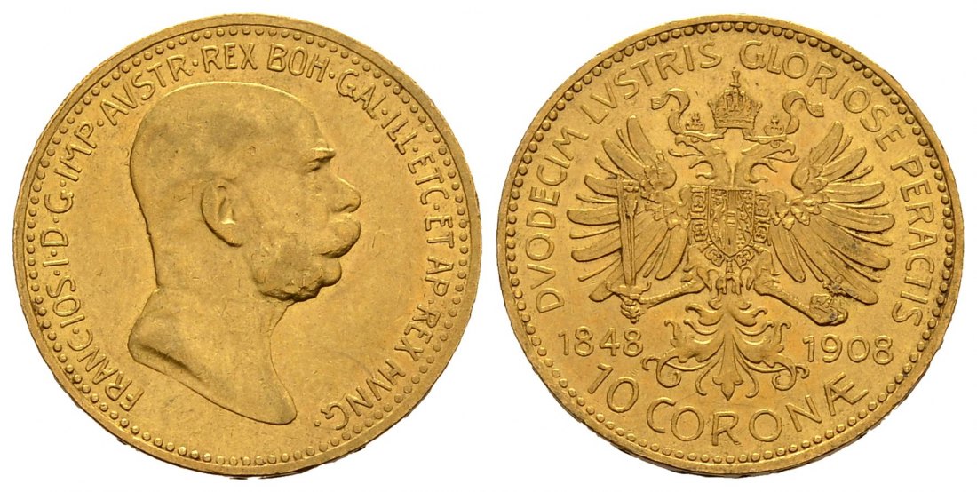 PEUS 1612 Österreich 3,05 g Feingold. Zum 60. RegierungsjubiläumFranz Joseph I. (1848 - 1916) 10 Kronen GOLD 1848/1908 Fast vorzüglich