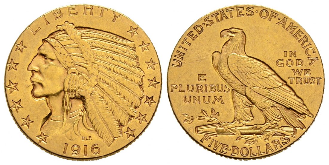 PEUS 1622 USA 7,52 g Feingold. Indian Head 5 Dollars GOLD 1916 Sehr schön