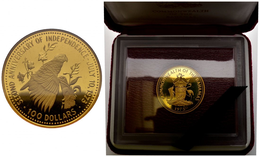 PEUS 1627 Bahamas 9 g Feingold. 2. Jahrestag Unabhängigkeit incl. Etui 100 Dollars GOLD 1975 Proof (Plastikrahmen)