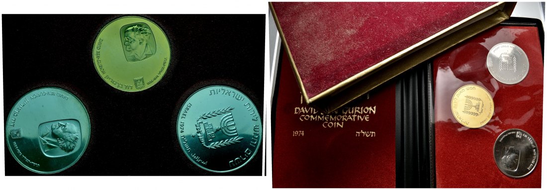 PEUS 1630 Israel 25,2 g Feingold + 48,62 g Feinsilber. David Ben Gurion incl Originalverpackung Lirot Set GOLD (3 Münzen) JE5735-1974 Proof / Uncirculated