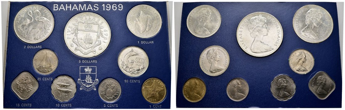 PEUS 1632 Bahamas Insg. 89,34 Feinsilber incl. Rahmen KMS (9 Münzen)SILBER 1969 Uncirculated (Plastikrahmen)