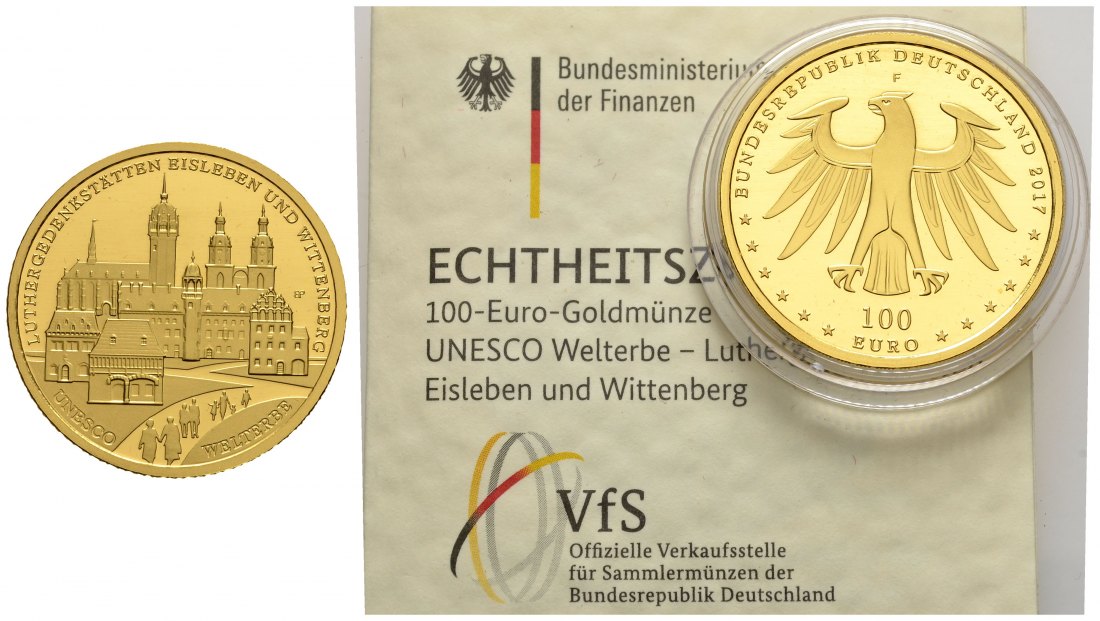 PEUS 1633 BRD 15,55 g Feingold. Wittenberg OHNE Etui aber MIT Zertifikat 100 Euro GOLD 2017 F Stuttgart Stempelglanz (Originalkapsel)