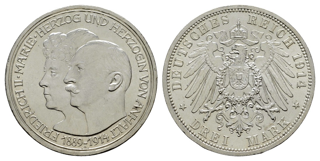  Linnartz KAISERREICH Anhalt Friedrich II. 3 Mark 1914 Silberhochzeit vz   