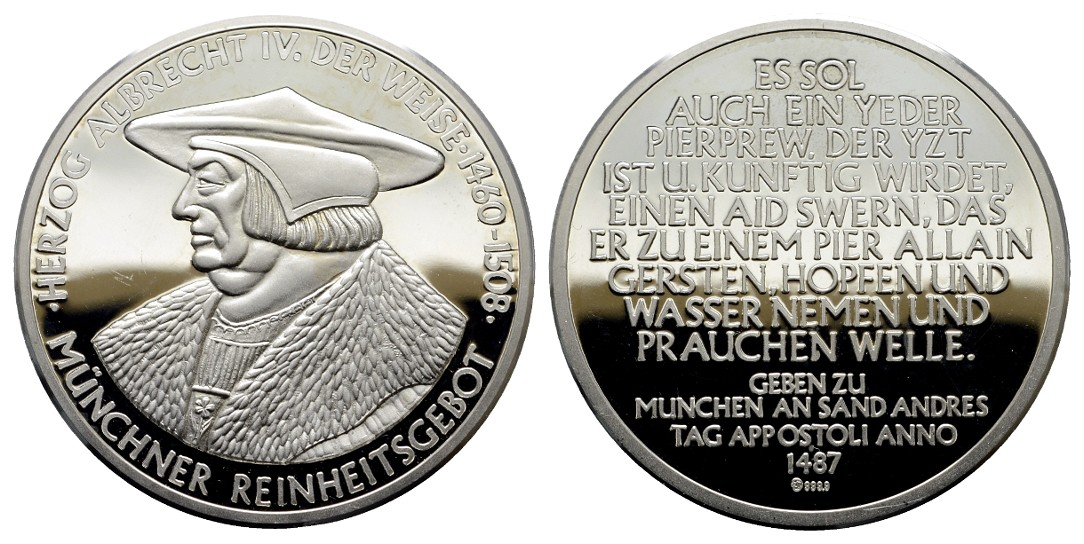  Linnartz Bayern Herzog Albrecht Silbermedaille o.J. Münchener Reinheitsgebot PP Gewicht: 24,8g/999er   