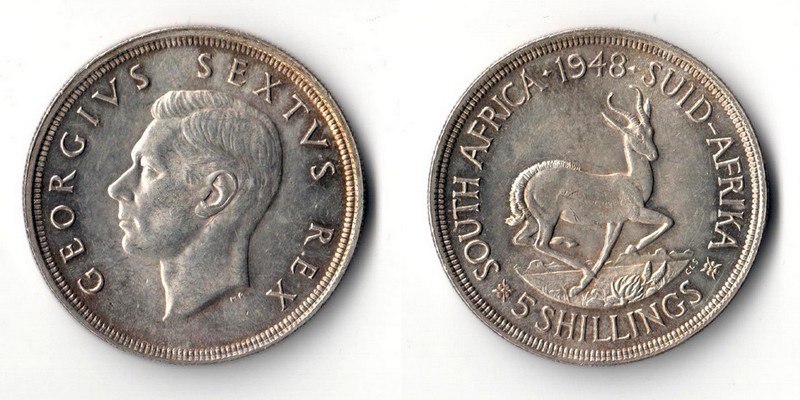  Süd Afrika  5  Shillings  1948    Bust of King George  VI.    FM-Frankfurt    Feinsilber: 23,04g   