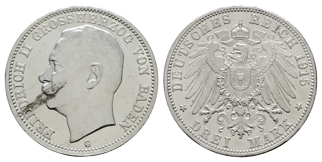 Linnartz KAISERREICH Baden Friedrich II. 3 Mark 1915 Schrötlingsfehler vz-   