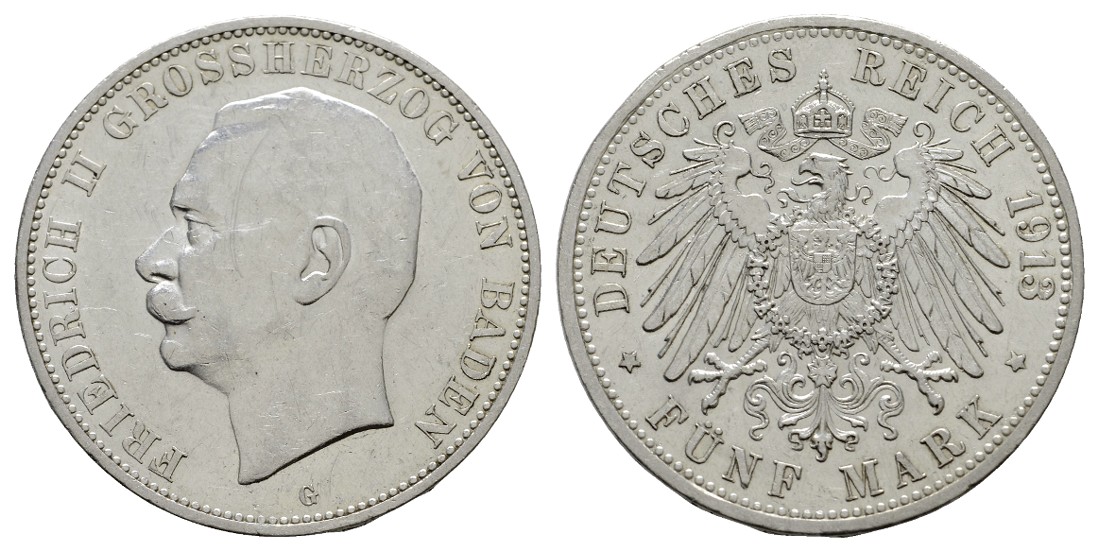  Linnartz KAISERREICH Baden Friedrich II. 5 Mark 1913 kl. Rdf. vz-   