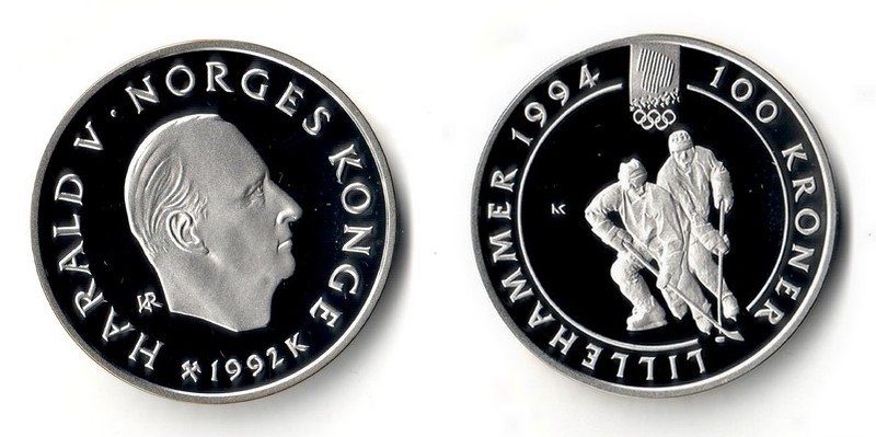  Norwegen  100 Kronen  1992    1994 Olympics- Hockey   FM-Frankfurt  Feinsilber: 31,1g   