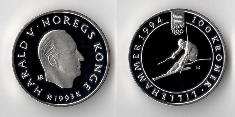  Norwegen  100 Kronen  1993    1994 Olympics   FM-Frankfurt  Feinsilber: 31,1g   