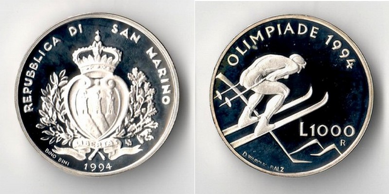  San Marino  1000 Lire 1994   Olympics - Ski jumper   FM-Frankfurt  Feinsilber: 12,19g   