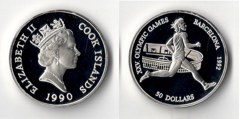  Cook Island  50 Dollar  1990  Olympics 1992 in Barcelona - Running  FM-Frankfurt  Feinsilber: 26,16g   