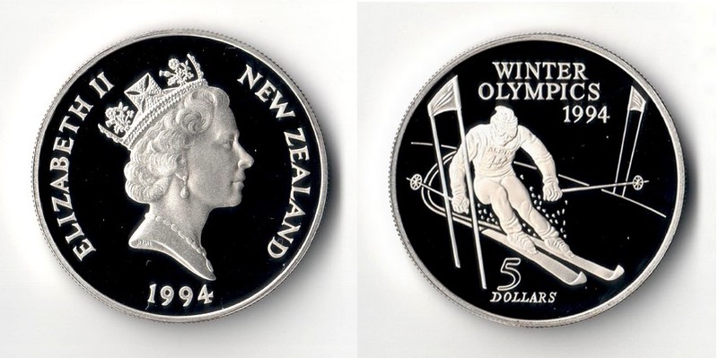  Neuseeland 5 Dollar  1994 Olympische Spiele Winter - Ski Slalom  FM-Frankfurt  Feinsilber: 29,11g   