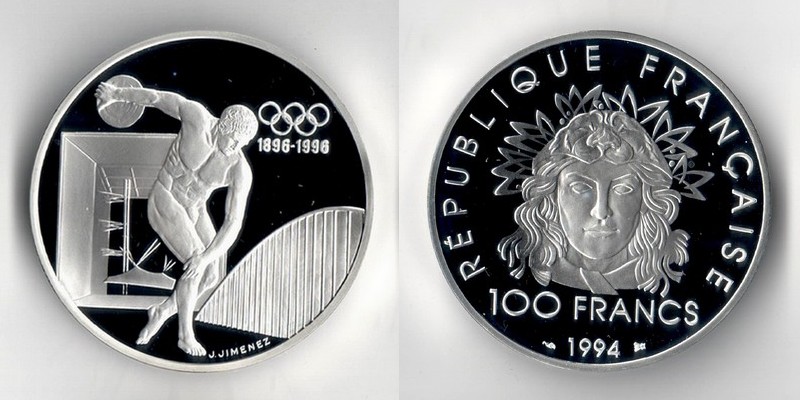  Frankreich  100 Francs  1994    Olympic Games 1996    FM-Frankfurt   Feinsilber: 31,11g   